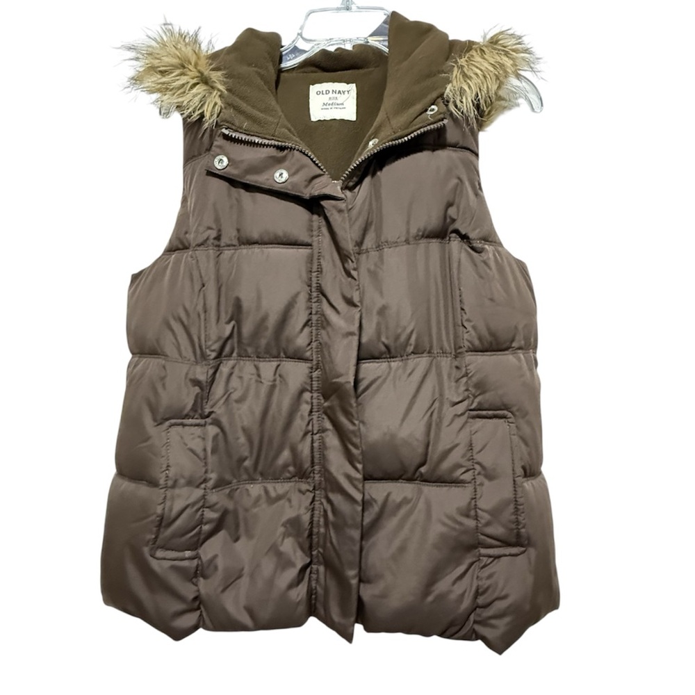 Old Navy Brown Faux Fur Trim Hooded Puffer Vest